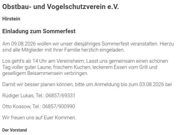 Sommerfest Obstbau und Vogelschutzverein Hirstein